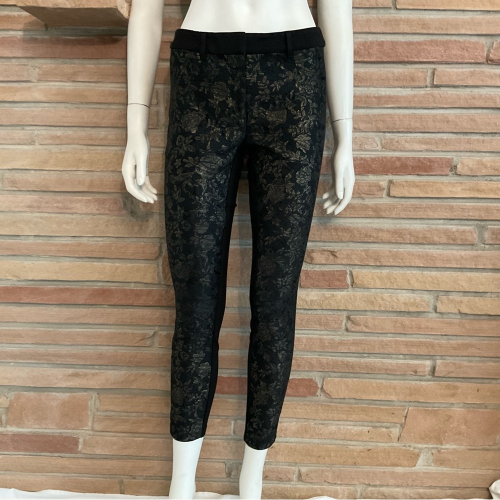 WHBM The Skinny Jacquard Front Gold Black Stretch Ponte Pants Size 2
